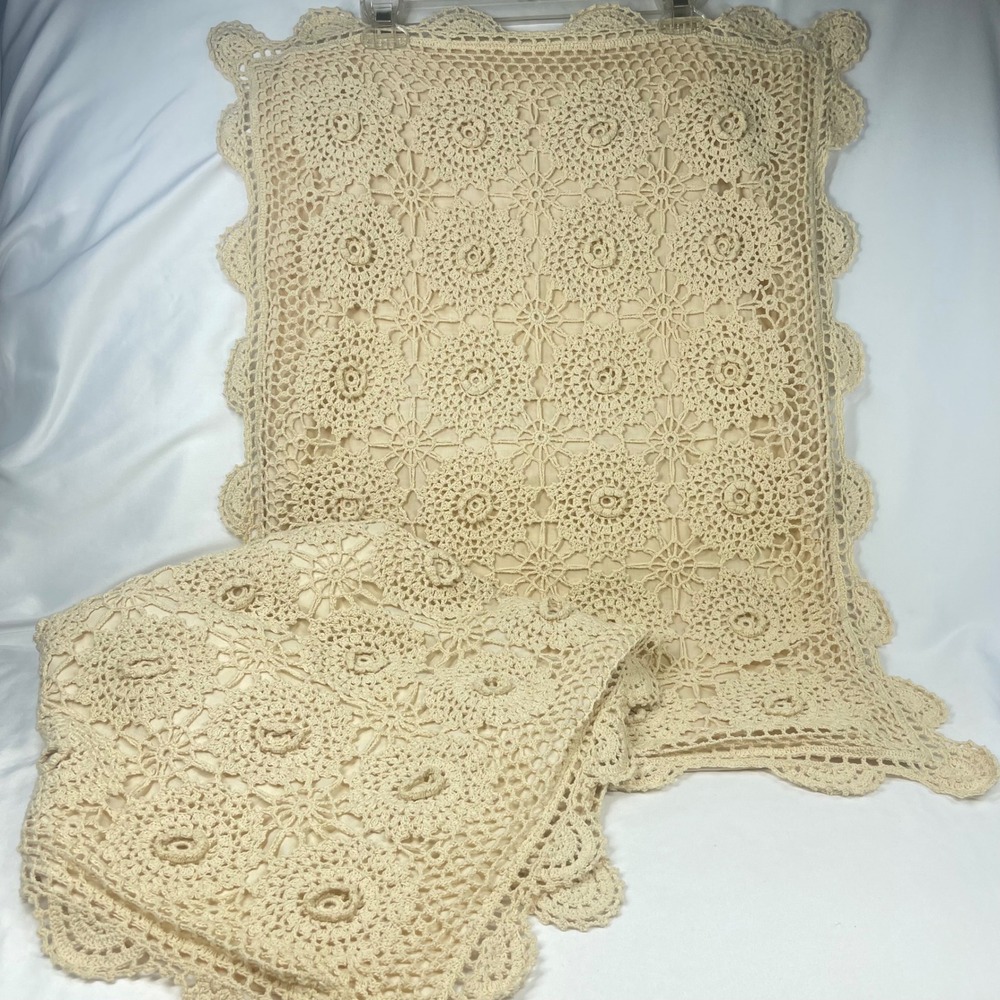 Vintage Ecru Beige Crochet Lace Cotton Pillow Shams Pair 27x19 Scalloped